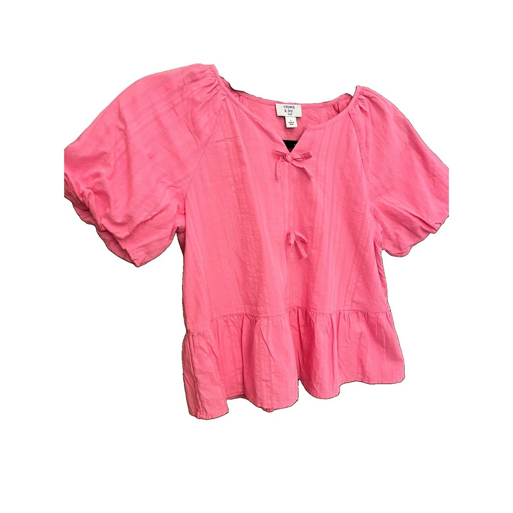 Crown& Ivy Kids Hot Pink Lined Blouse Cotton Short Puff Sleeve Bows Sz L Jr S